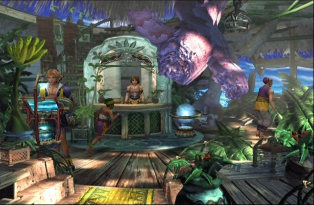 Final Fantasy X screenshot: realistic, pre-rendered, third-person, fixed camera, no outlines, soft gradient (environment)