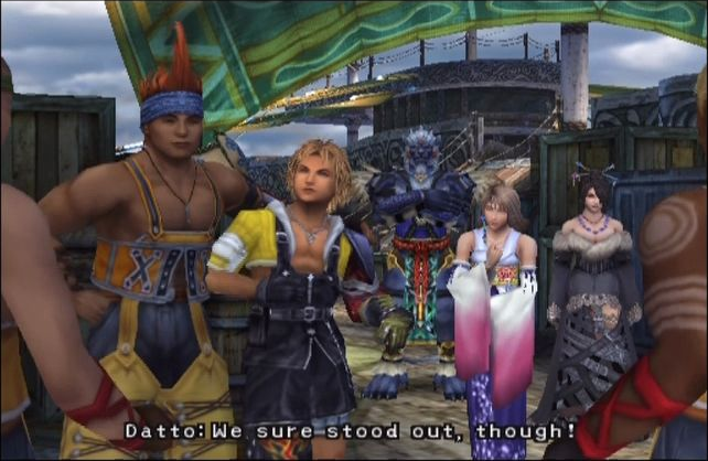 Final Fantasy X screenshot: realistic, pre-rendered, third-person, fixed camera, no outlines, soft gradient (character, cutscene)