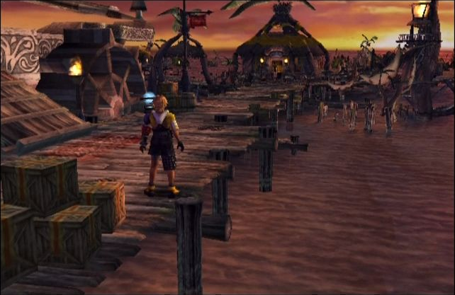 Final Fantasy X screenshot: realistic, pre-rendered, third-person, fixed camera, no outlines, soft gradient (environment)