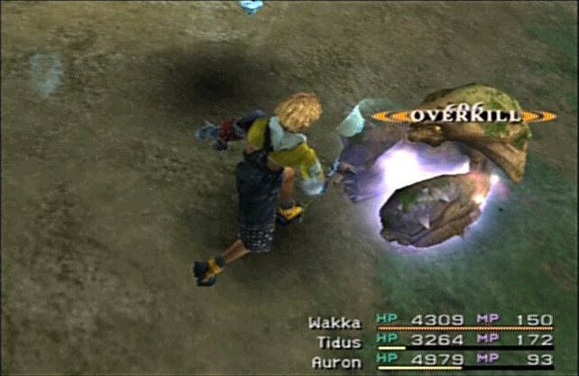 Final Fantasy X screenshot: realistic, pre-rendered, third-person, fixed camera, no outlines, soft gradient (combat, character, environment)
