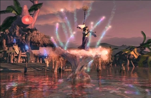 Final Fantasy X screenshot: realistic, pre-rendered, third-person, fixed camera, no outlines, soft gradient (cutscene, character, environment)
