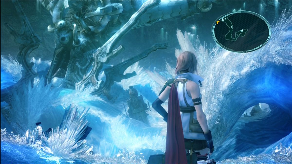 FINAL FANTASY XIII screenshot: realistic, third-person, no outlines, soft gradient (environment, character)