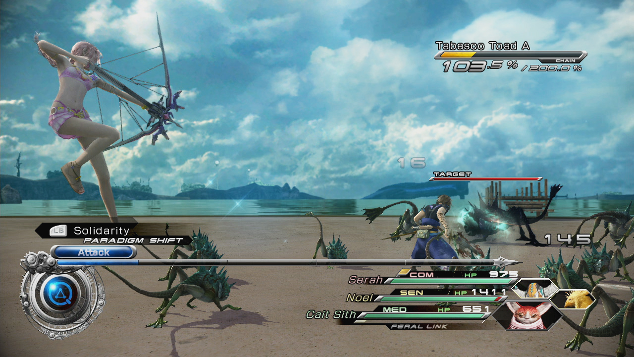 FINAL FANTASY XIII-2 screenshot: realistic, third-person, no outlines, soft gradient (environment, combat)