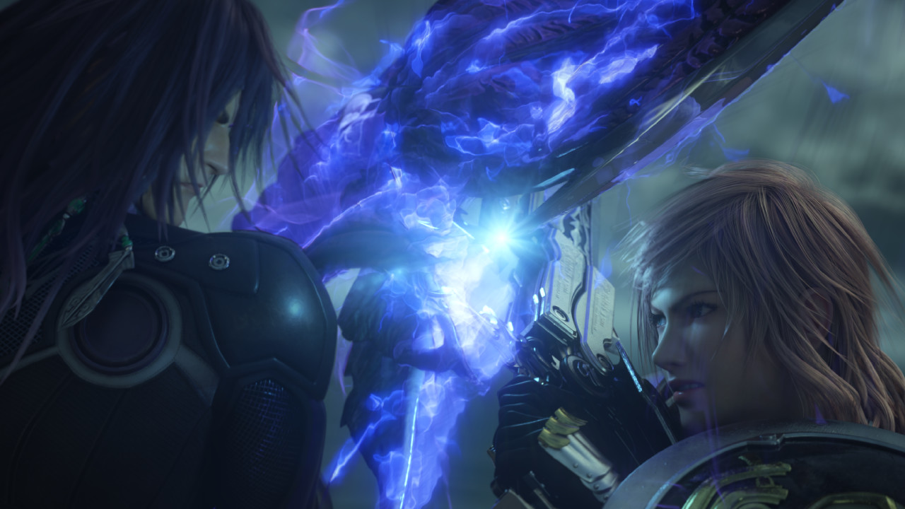 FINAL FANTASY XIII-2 screenshot: realistic, third-person, no outlines, soft gradient (character, combat, cutscene)