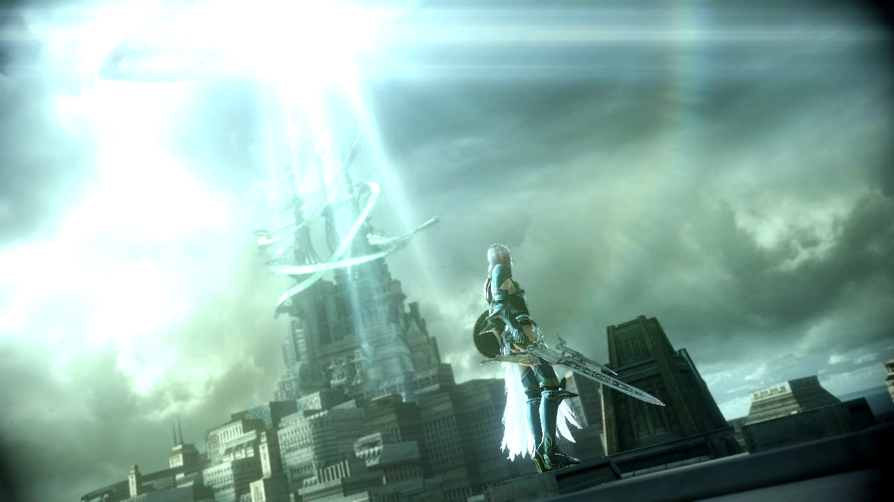FINAL FANTASY XIII-2 screenshot: realistic, third-person, no outlines, soft gradient (environment, character, cutscene)
