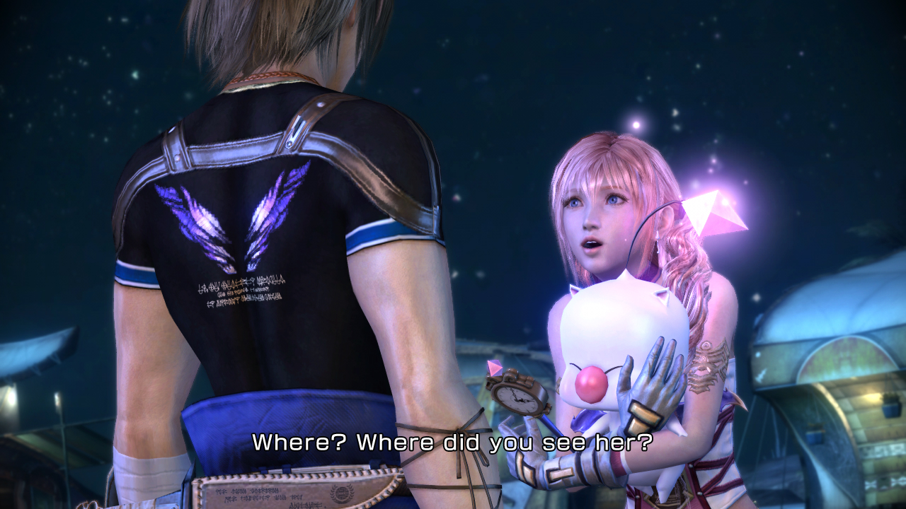 FINAL FANTASY XIII-2 screenshot: realistic, third-person, no outlines, soft gradient (character, environment, cutscene)