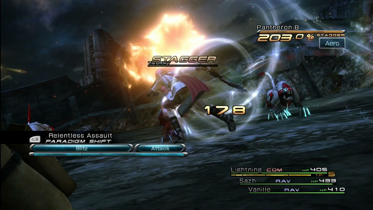 FINAL FANTASY XIII screenshot: realistic, third-person, no outlines, soft gradient (environment, combat)