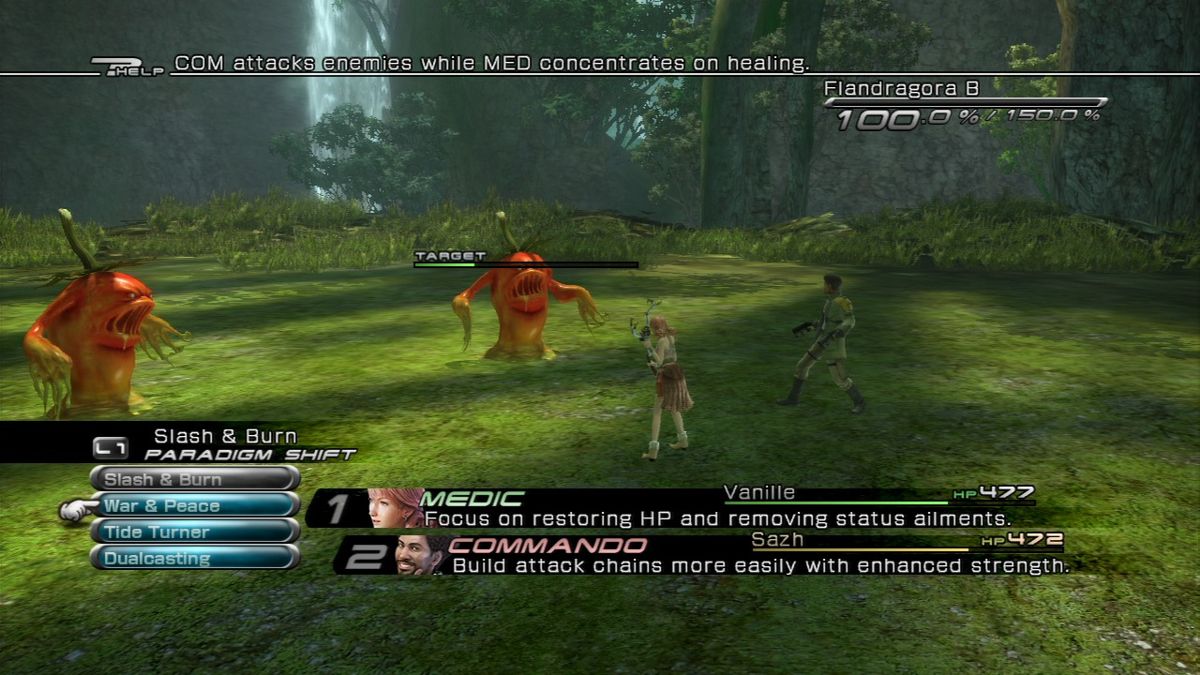 FINAL FANTASY XIII screenshot: realistic, third-person, no outlines, soft gradient (environment, combat)