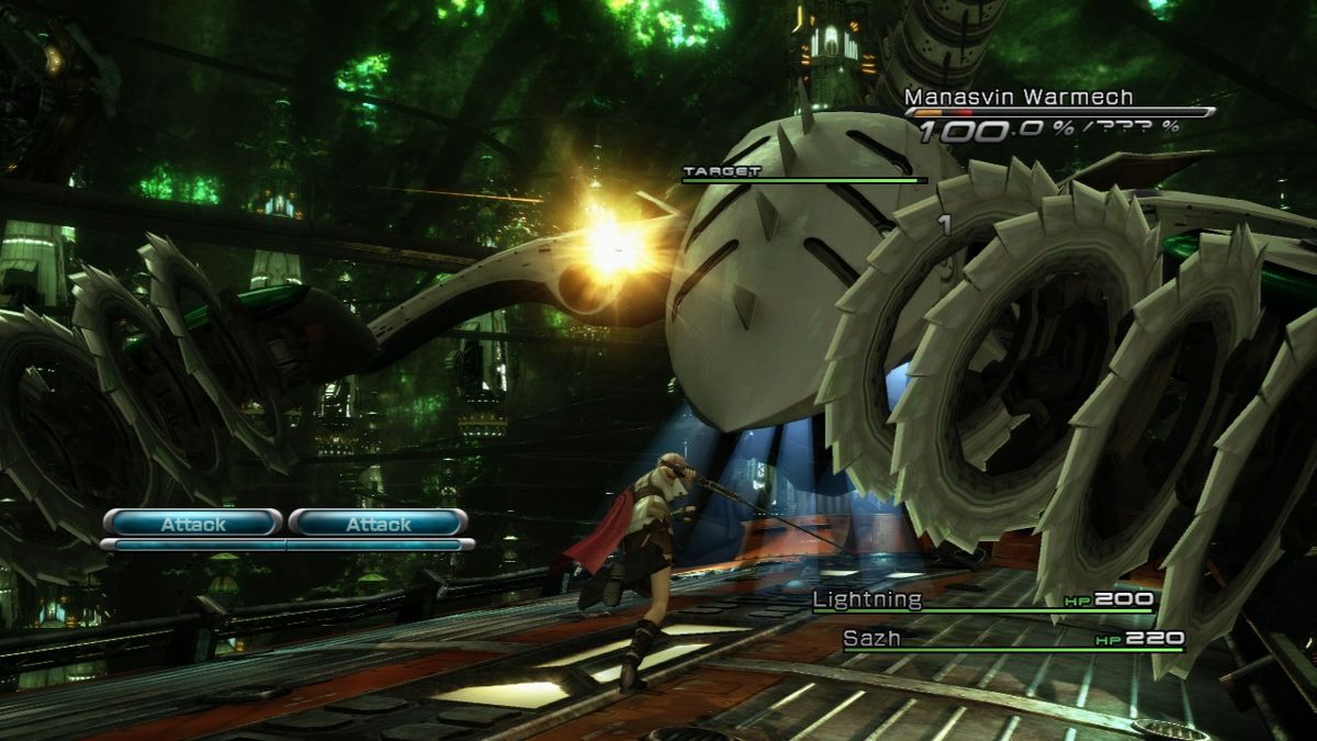 FINAL FANTASY XIII screenshot: realistic, third-person, no outlines, soft gradient (environment, combat)