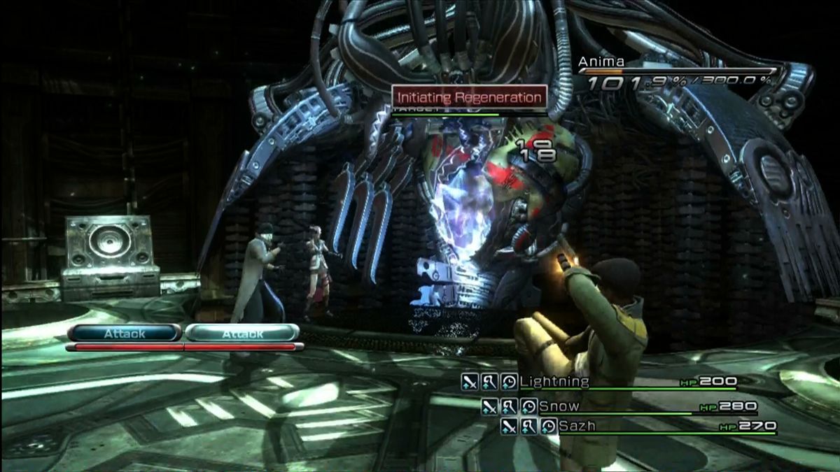 FINAL FANTASY XIII screenshot: realistic, third-person, no outlines, soft gradient (environment, combat)