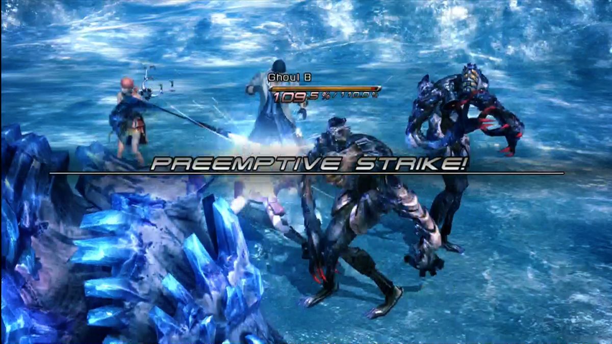 FINAL FANTASY XIII screenshot: realistic, third-person, no outlines, soft gradient (environment, combat)