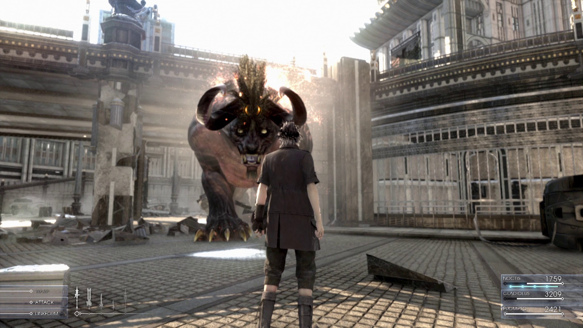 FINAL FANTASY XV screenshot: realistic, third-person, no outlines, realistic lighting (environment, character, combat)