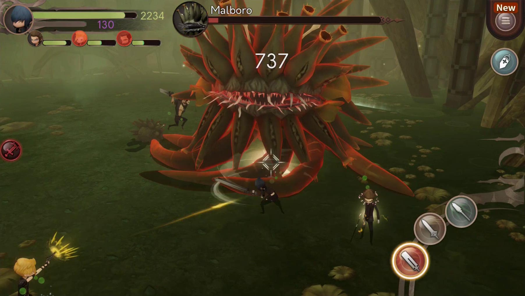 FINAL FANTASY XV POCKET EDITION screenshot: stylized 3d, three-quarter, no outlines, soft gradient (environment, combat)