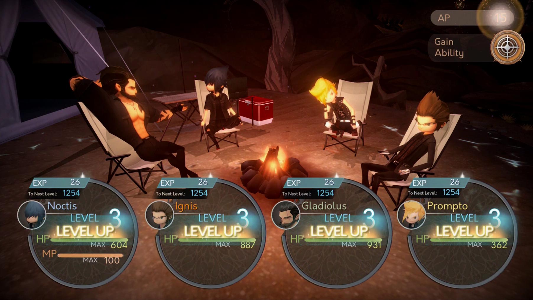 FINAL FANTASY XV POCKET EDITION screenshot: stylized 3d, three-quarter, no outlines, soft gradient (environment, character, ui / menu)