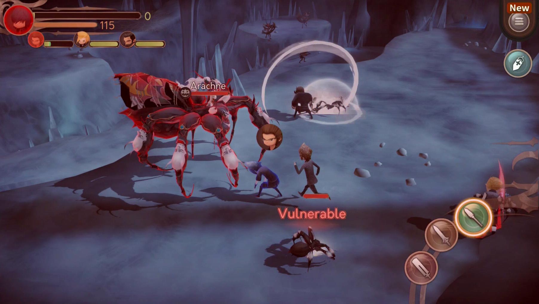 FINAL FANTASY XV POCKET EDITION screenshot: stylized 3d, three-quarter, no outlines, soft gradient (environment, combat)