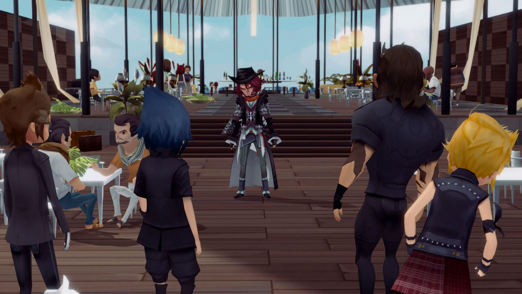 FINAL FANTASY XV POCKET EDITION screenshot: stylized 3d, three-quarter, no outlines, soft gradient (environment, character, cutscene)