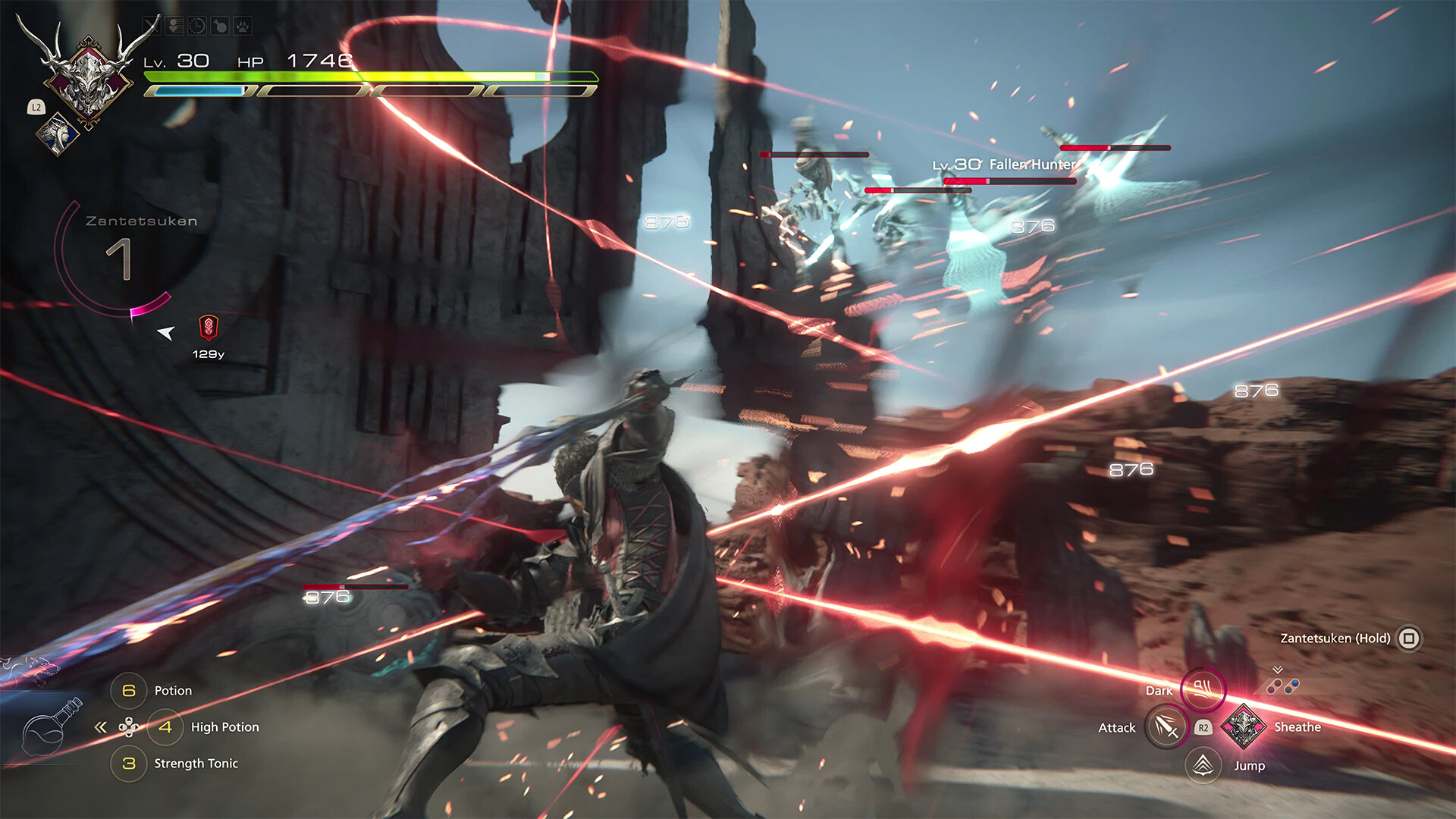 FINAL FANTASY XVI screenshot: realistic, third-person, no outlines, realistic lighting (environment, combat)