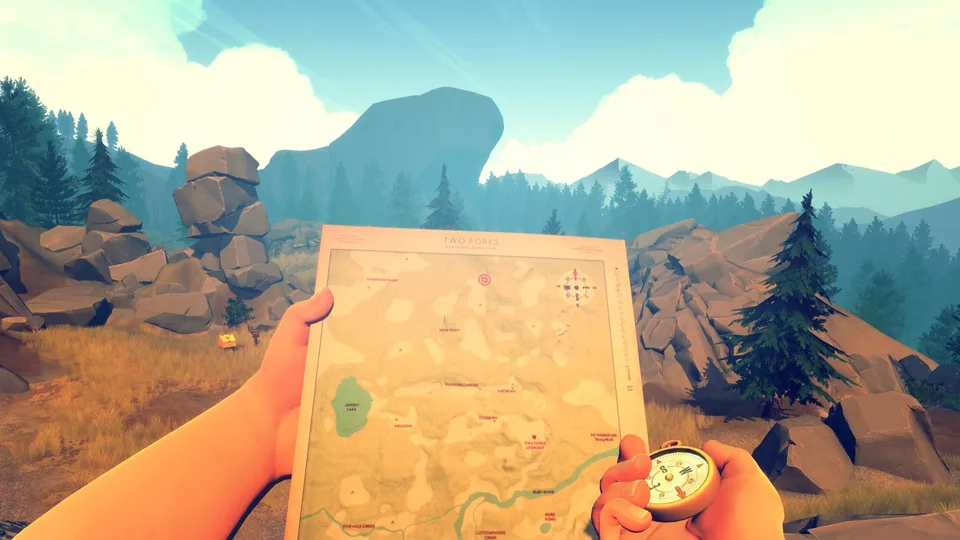 Firewatch screenshot: stylized 3d, first-person, no outlines, soft gradient (environment)