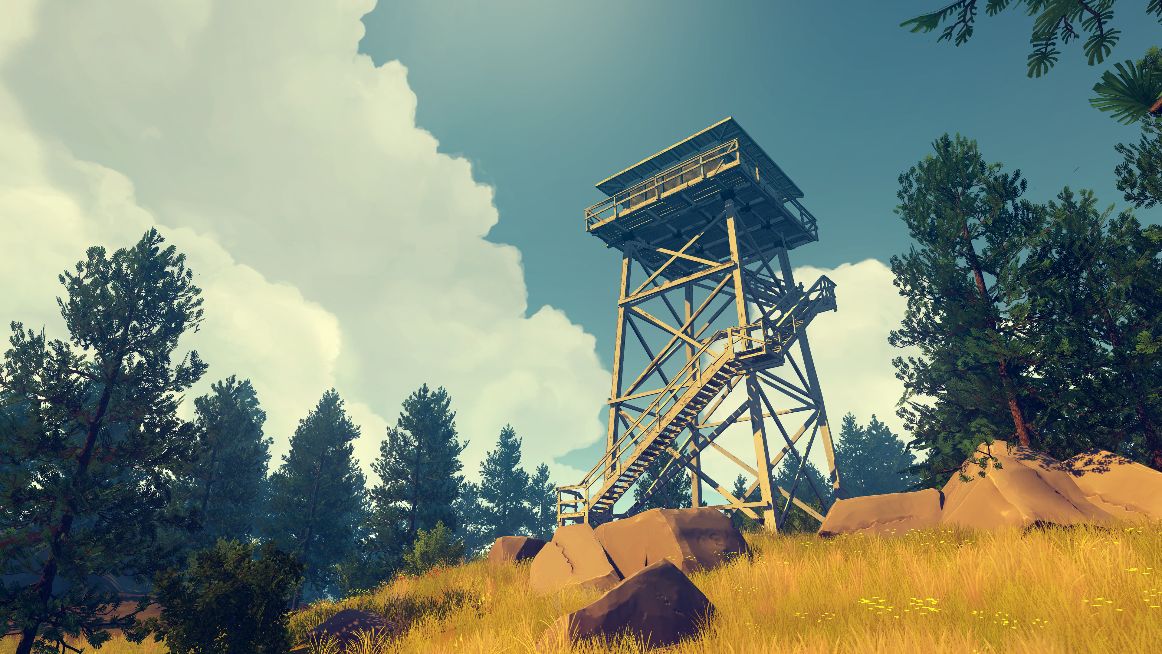 Firewatch screenshot: stylized 3d, first-person, no outlines, soft gradient (environment)