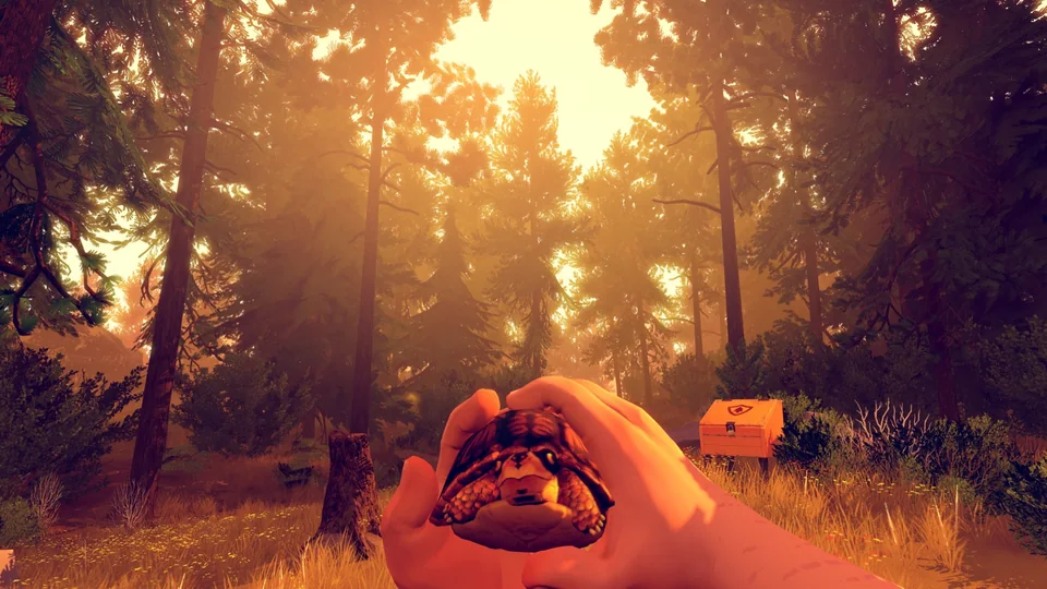 Firewatch screenshot: stylized 3d, first-person, no outlines, soft gradient (environment)