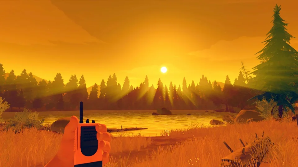 Firewatch screenshot: stylized 3d, first-person, no outlines, soft gradient (environment)