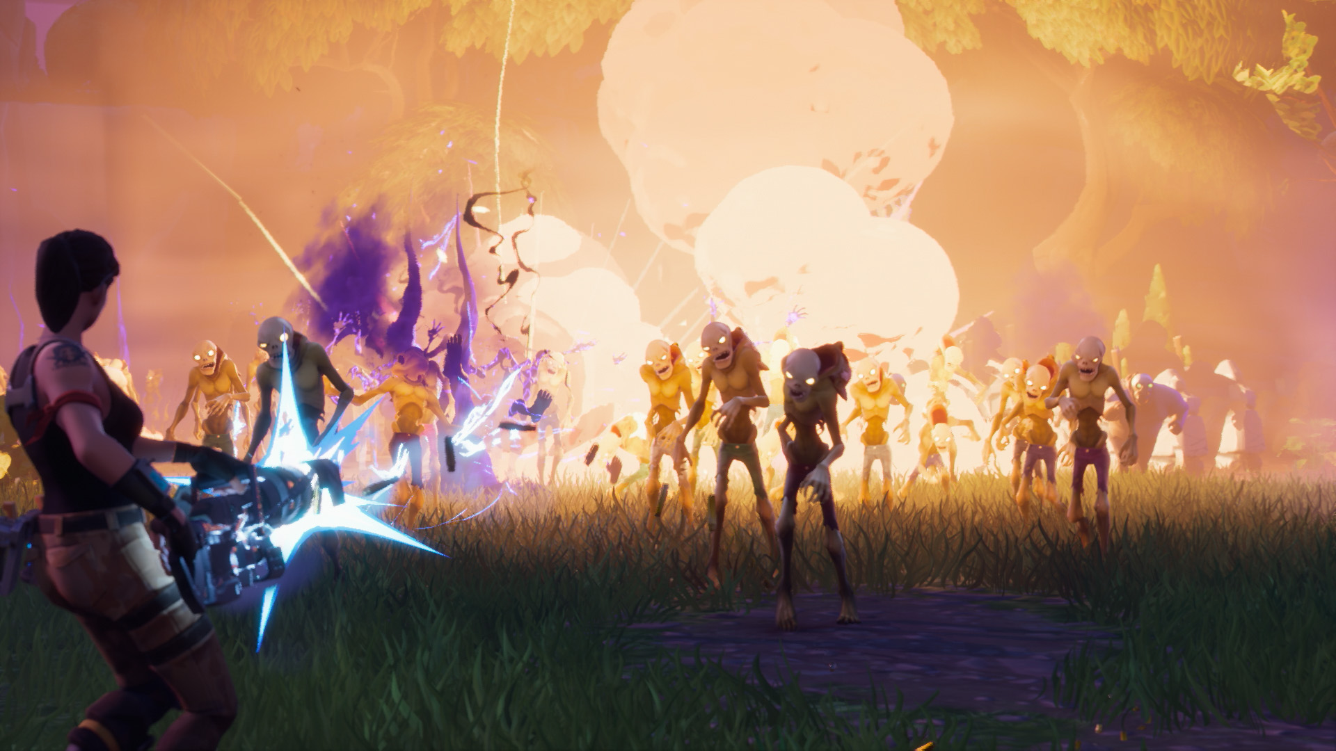 Fortnite screenshot: stylized 3d, third-person, no outlines, soft gradient (environment, character, combat)