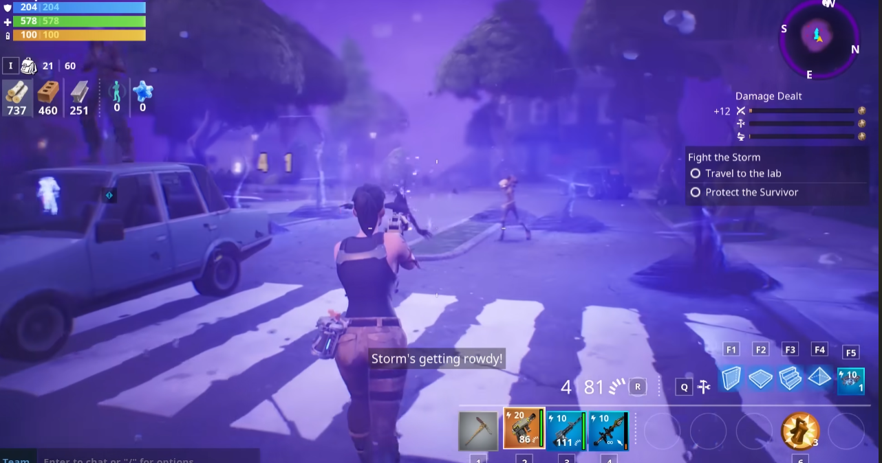 Fortnite screenshot: stylized 3d, third-person, no outlines, soft gradient (environment, character, combat)