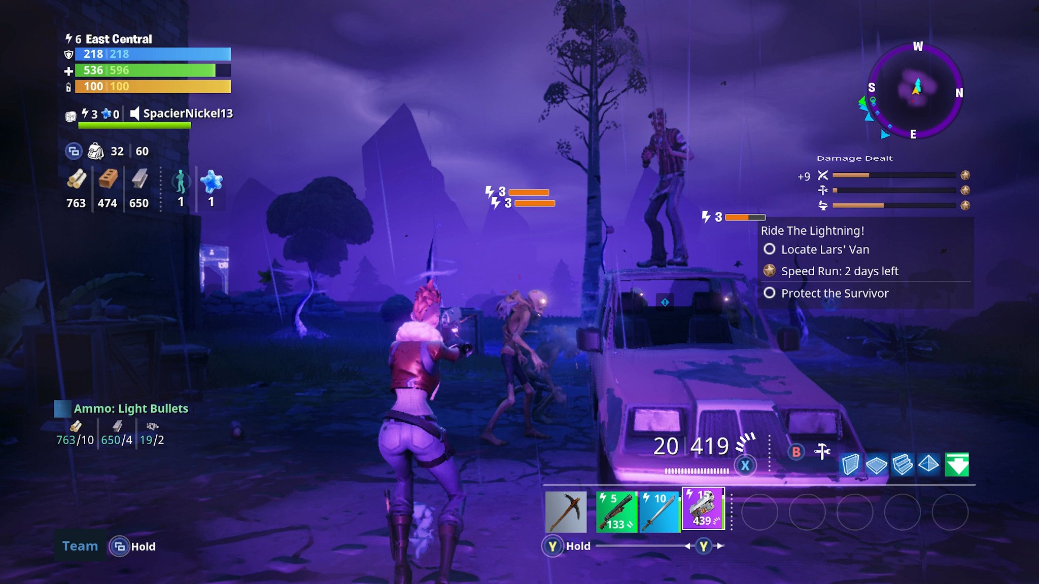 Fortnite screenshot: stylized 3d, third-person, no outlines, soft gradient (environment, character, combat)