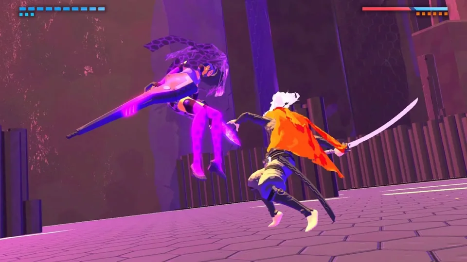 Furi screenshot: cel-shaded, top-down, two-tone cel (combat)