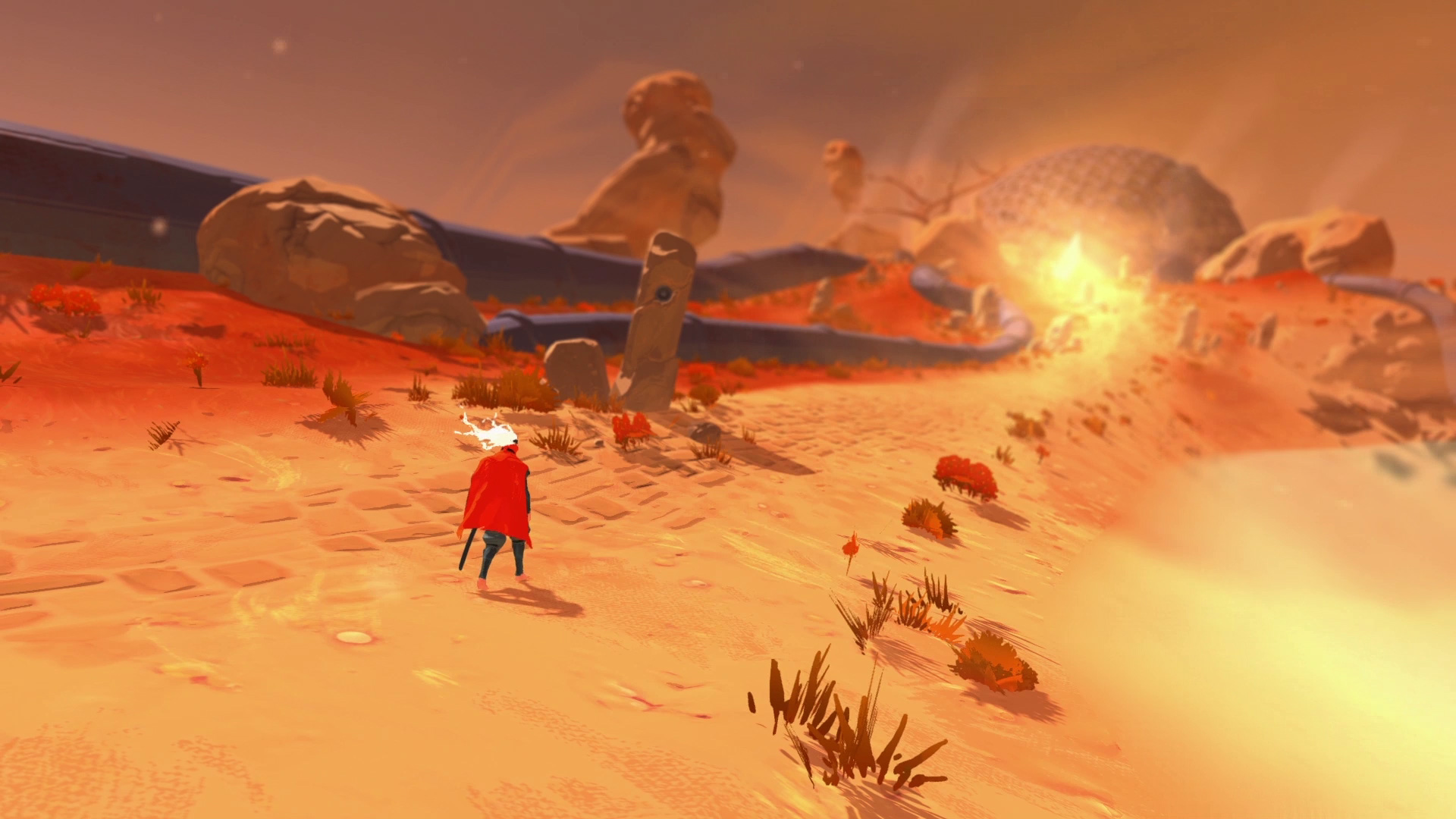 Furi screenshot: cel-shaded, three-quarter, third-person, no outlines, two-tone cel (environment)