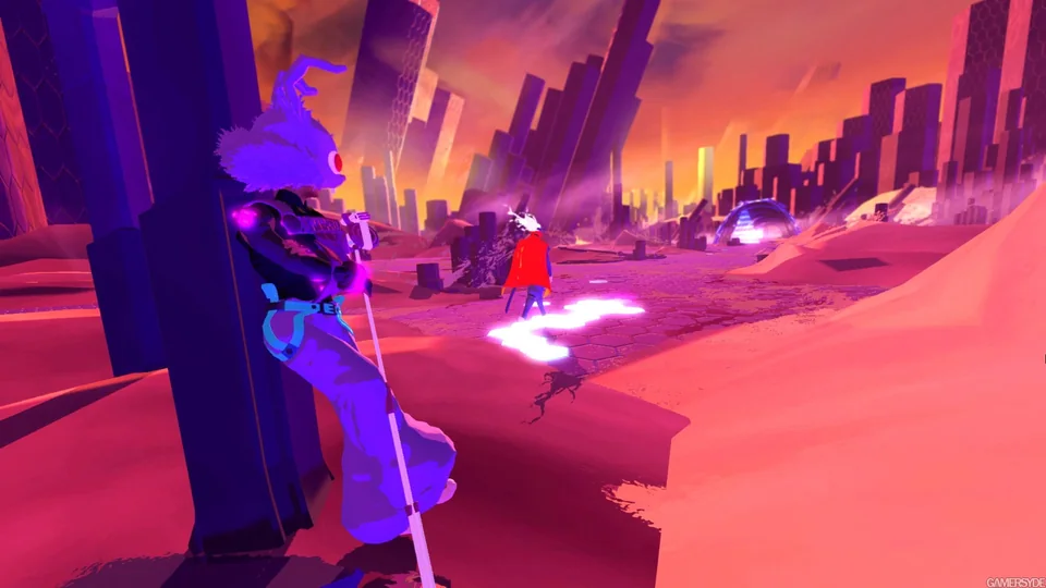 Furi screenshot: cel-shaded, top-down, two-tone cel (combat)