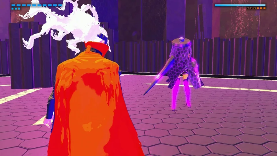 Furi screenshot: cel-shaded, top-down, two-tone cel (combat)