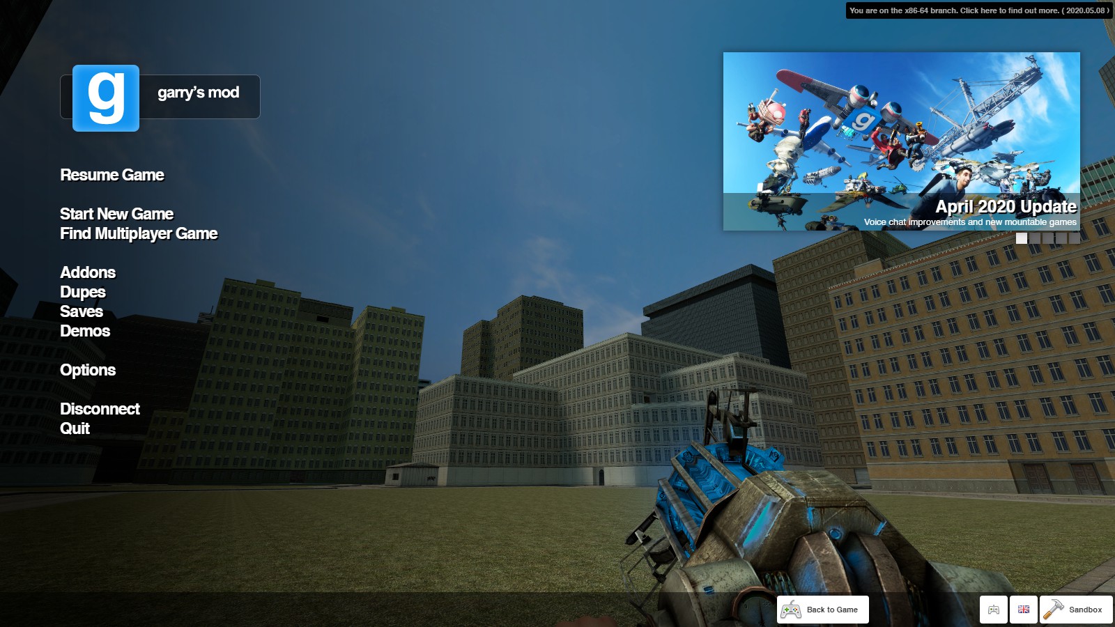 Garry's Mod screenshot: realistic, stylized 3d, first-person, no outlines, soft gradient (ui / menu, environment)