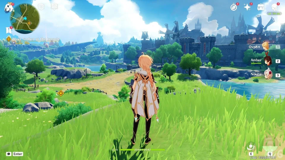 Genshin Impact screenshot: cel-shaded, third-person, colored outlines, two-tone cel (character, environment)