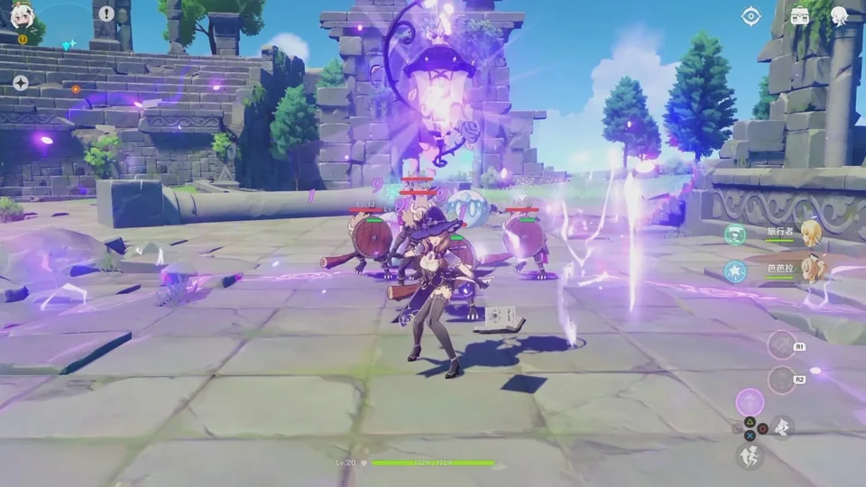 Genshin Impact screenshot: cel-shaded, third-person, colored outlines, two-tone cel (combat)