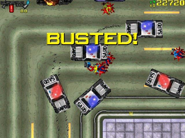 Grand Theft Auto screenshot: pixel art, low-poly, top-down, no outlines, baked lighting (environment, combat)