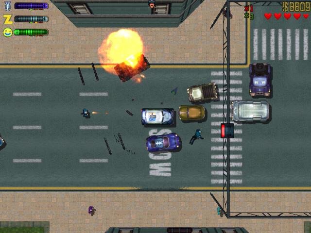 Grand Theft Auto 2 screenshot: pixel art, low-poly, top-down, no outlines (environment, combat)