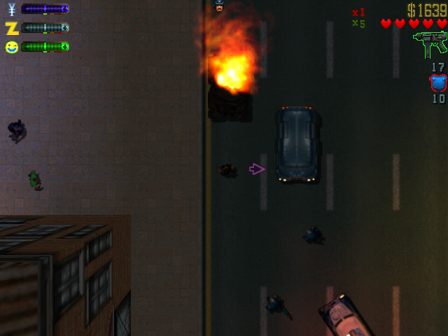 Grand Theft Auto 2 screenshot: pixel art, low-poly, top-down, no outlines (environment, combat)