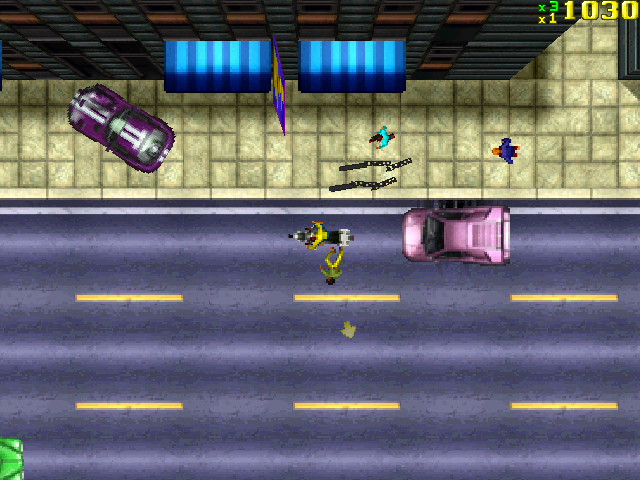 Grand Theft Auto screenshot: pixel art, low-poly, top-down, no outlines, baked lighting (environment, combat)