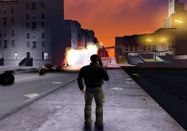 Grand Theft Auto III screenshot: realistic, third-person, no outlines, soft gradient (environment, character, combat)