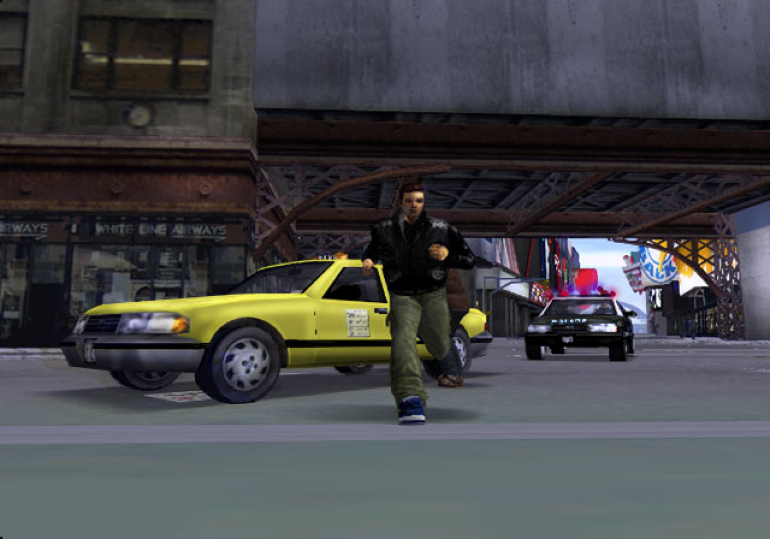 Grand Theft Auto III screenshot: realistic, third-person, no outlines, soft gradient (environment, character, combat)