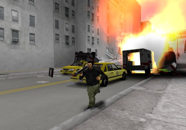 Grand Theft Auto III screenshot: realistic, third-person, no outlines, soft gradient (environment, character, combat)
