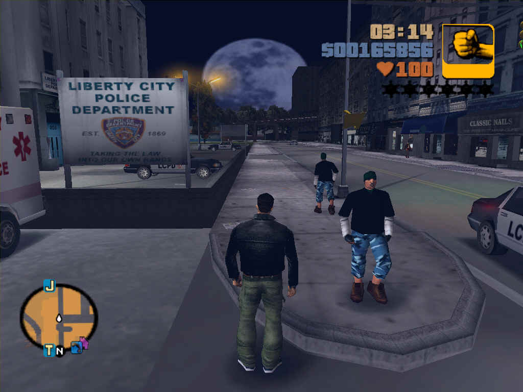 Grand Theft Auto III screenshot: realistic, third-person, no outlines, soft gradient (environment, character)