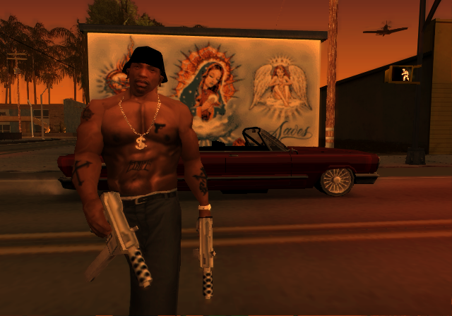 Grand Theft Auto: San Andreas screenshot: realistic, third-person, no outlines, soft gradient (environment, character)
