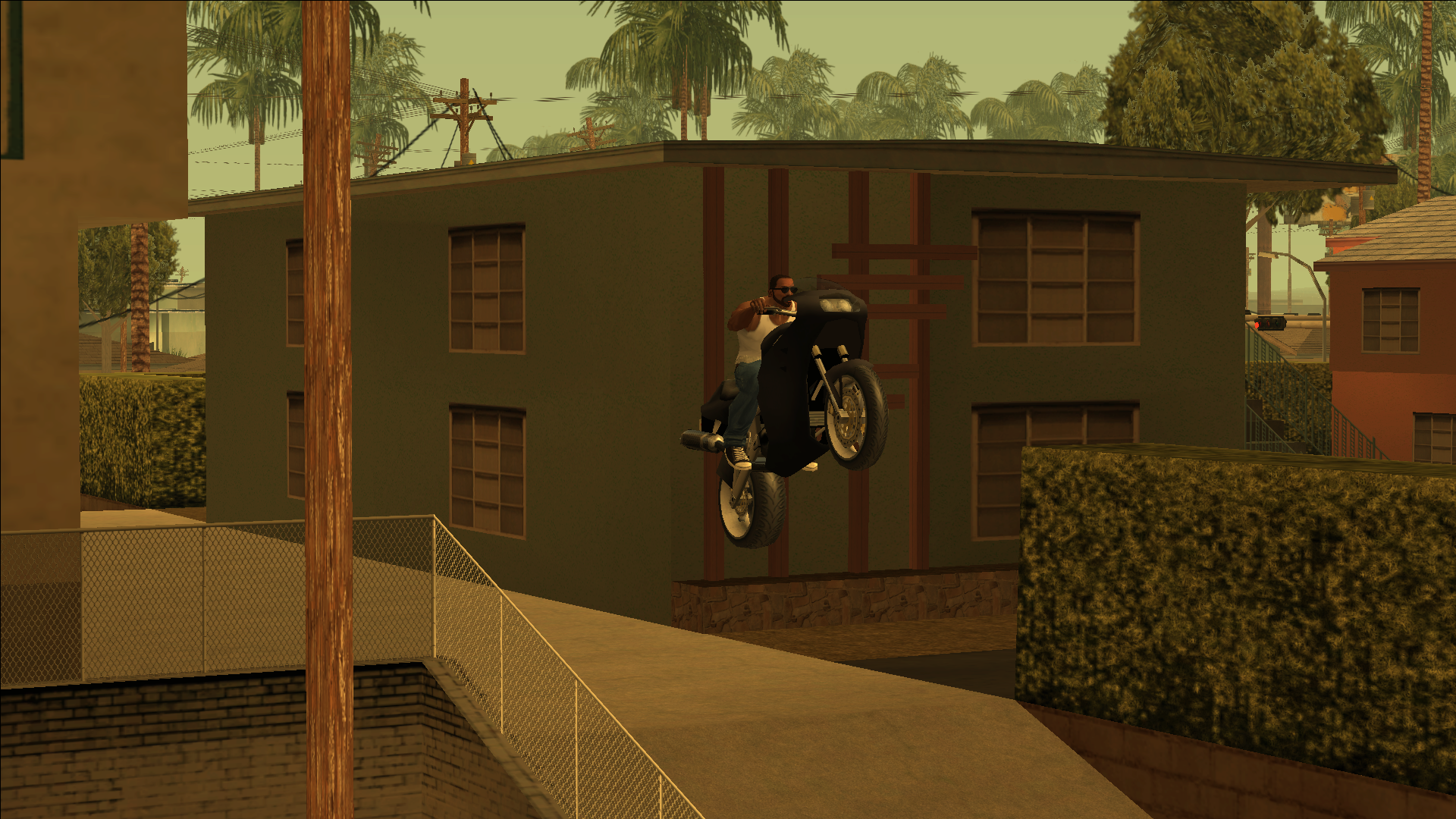 Grand Theft Auto: San Andreas screenshot: realistic, third-person, no outlines, soft gradient (environment, character, combat)