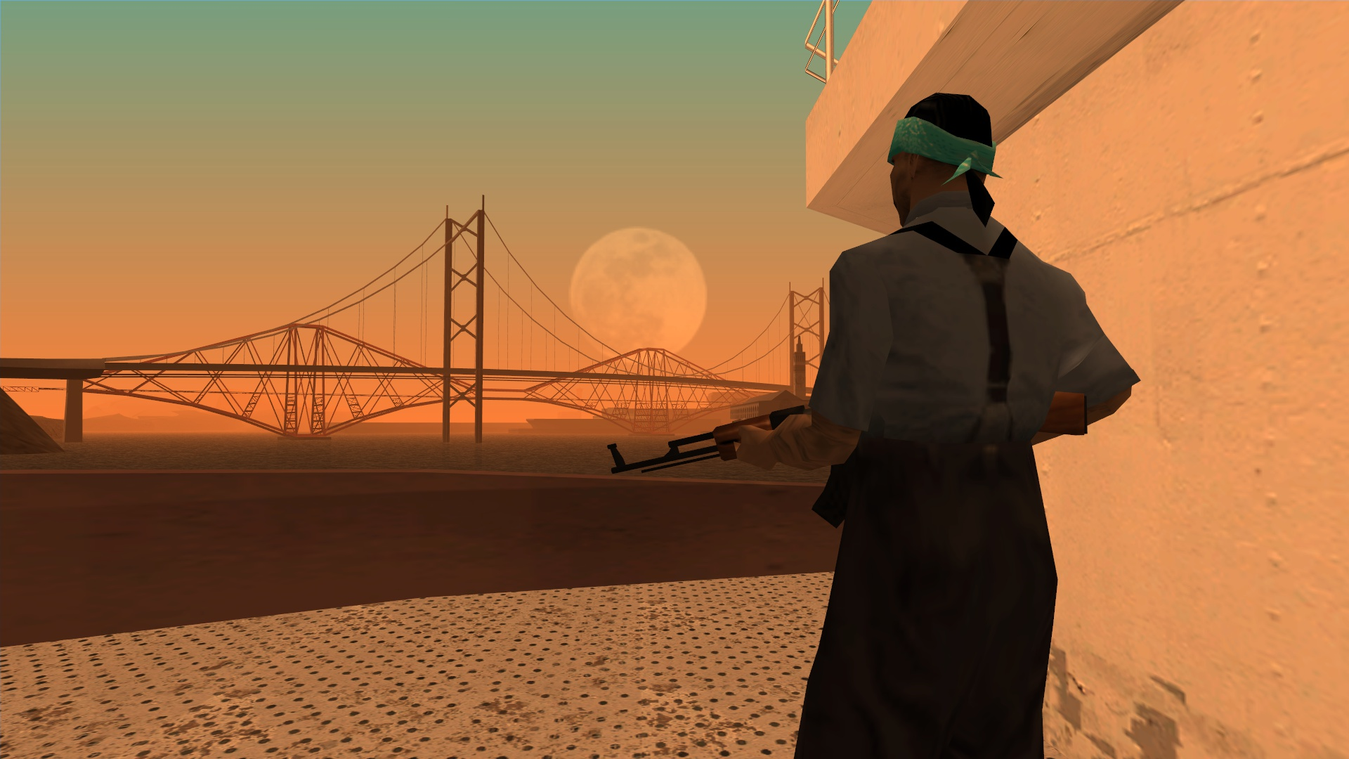 Grand Theft Auto: San Andreas screenshot: realistic, third-person, no outlines, soft gradient (environment, character)