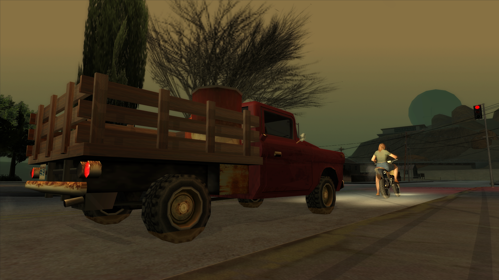 Grand Theft Auto: San Andreas screenshot: realistic, third-person, no outlines, soft gradient (environment, combat)