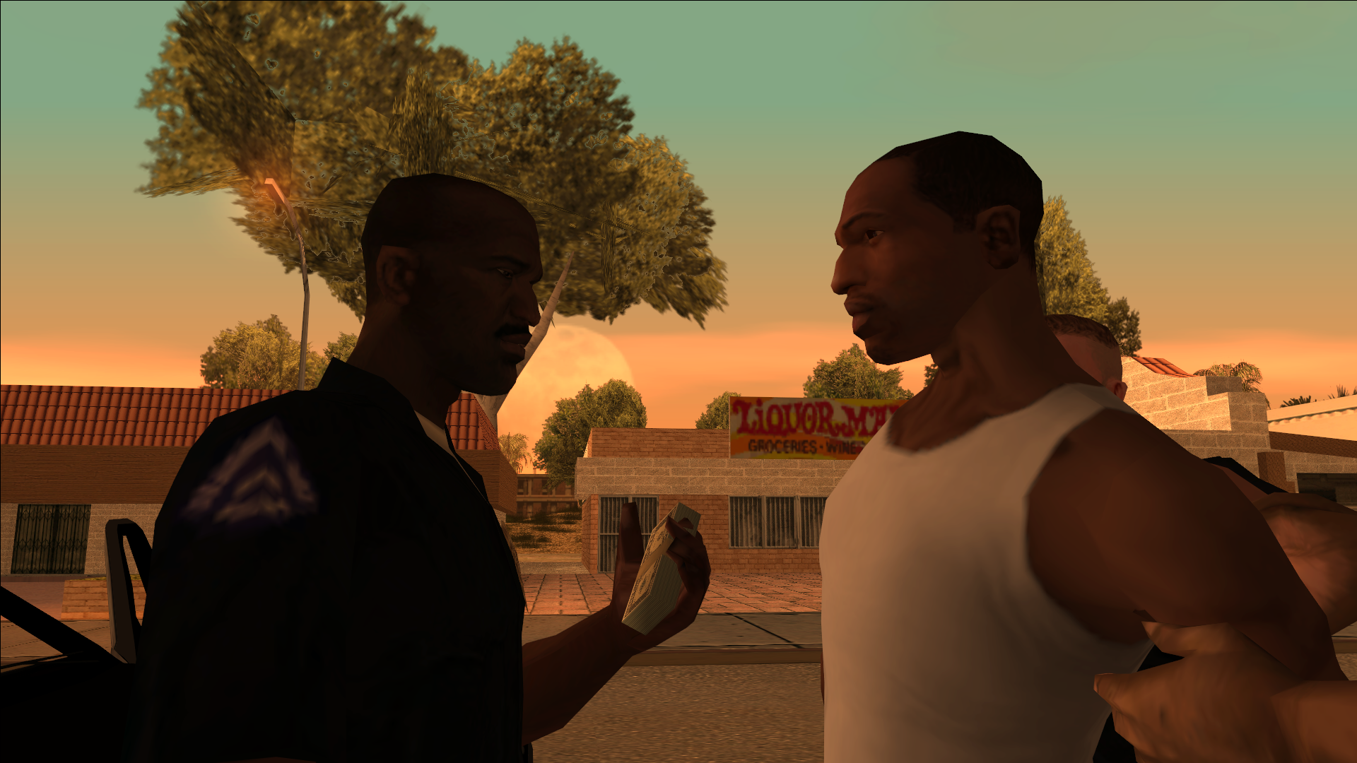 Grand Theft Auto: San Andreas screenshot: realistic, third-person, no outlines, soft gradient (environment, character, cutscene)