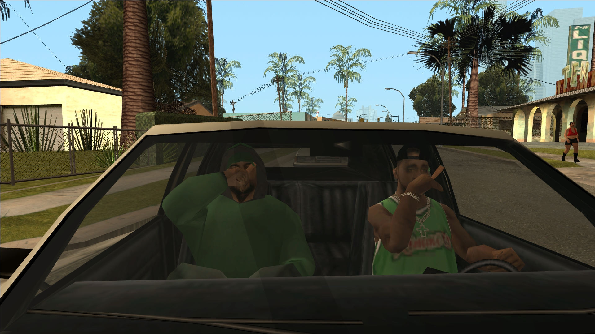 Grand Theft Auto: San Andreas screenshot: realistic, third-person, no outlines, soft gradient (environment, character, cutscene)