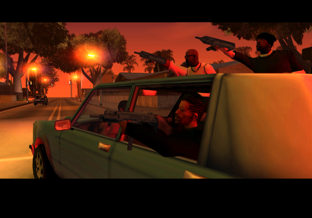 Grand Theft Auto: San Andreas screenshot: realistic, third-person, no outlines, soft gradient (environment, character, combat, cutscene)